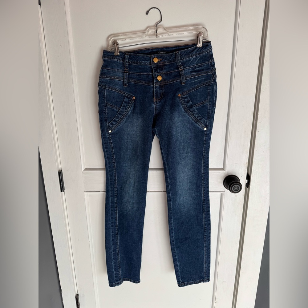 Women's Dark Indigo Straight Leg Jeans with Double Button Waist